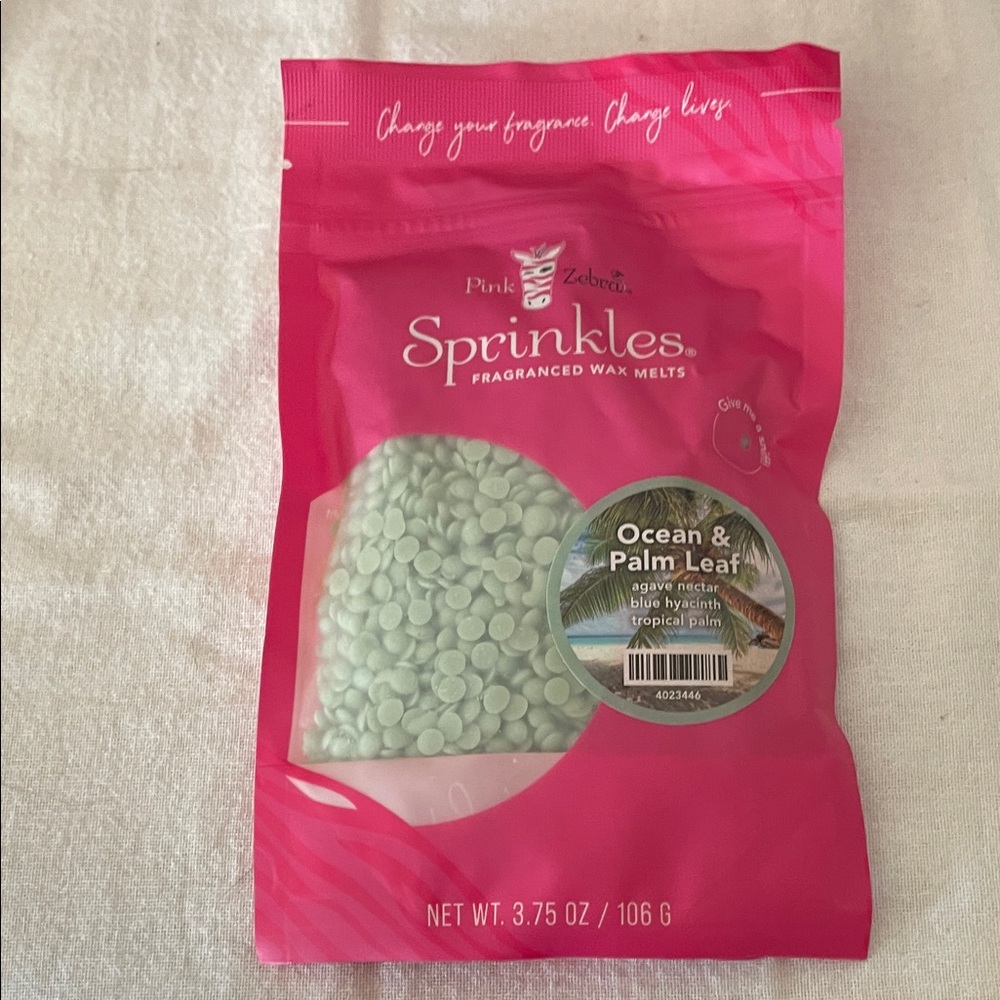 Pink Zebra Sprinkles ocean and palm leaf
